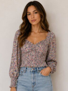 BB Dakota by Steve Madden Floral Smocked Long Sleeve Blouse - Size M